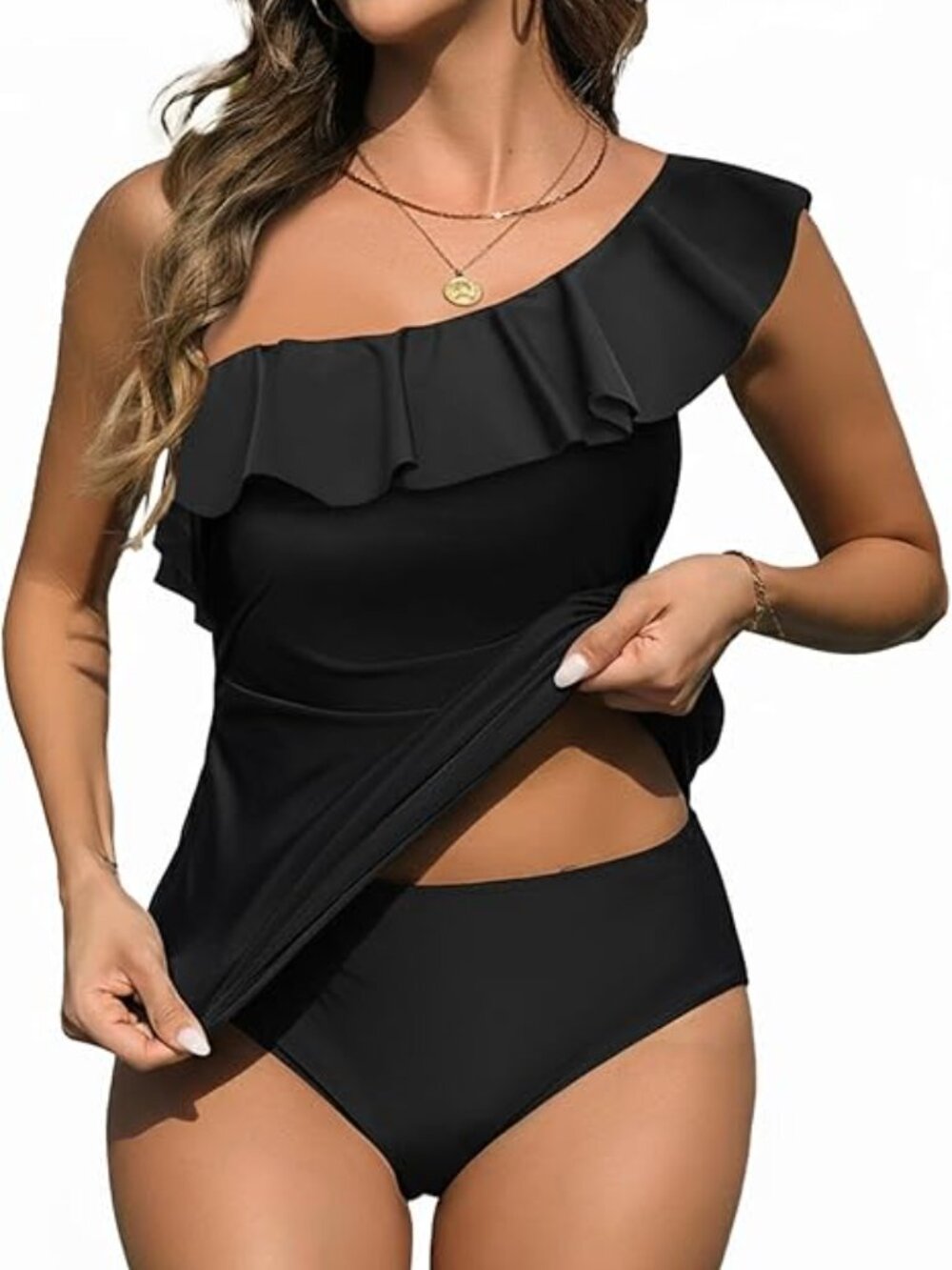 NWT Yonique Black One Shoulder Tankini Set Tummy Control Swimsuit XS